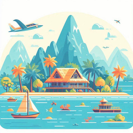 Tropical island with palm trees, boat and mountains. Vector illustrationのイラスト素材