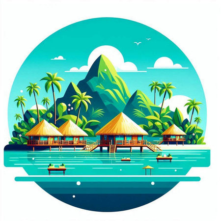Bungalows on the beach in the tropics. Vector illustrationのイラスト素材