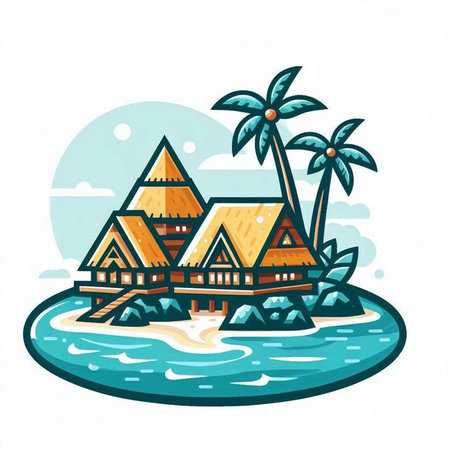 Bungalows on a tropical island. Vector illustration in cartoon style.のイラスト素材