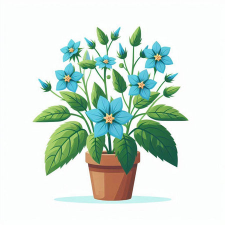 Bouquet of blue flowers in a pot. Vector illustration.のイラスト素材