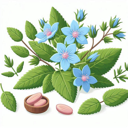 Illustration of blue flowers and green leaves on a white background.のイラスト素材