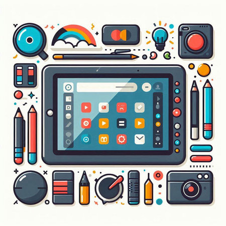 Vector illustration of tablet computer with social media icons in flat style.のイラスト素材