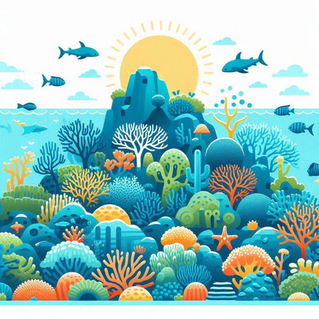 Coral reef landscape. Underwater world. Vector illustration in flat styleのイラスト素材