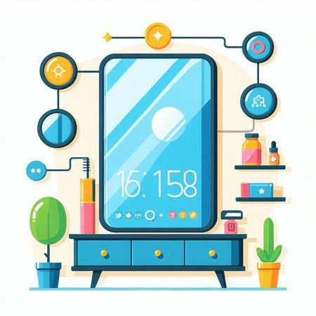 Vector illustration of modern interior. Flat design style. Smartphone, cosmetics, bathroom accessories.のイラスト素材