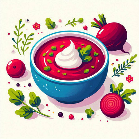 Bowl of fresh beetroot soup with sour cream. Vector illustration.のイラスト素材
