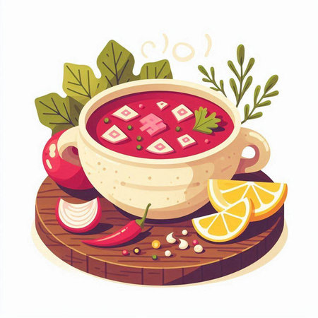 Vector illustration of a bowl of borscht with vegetables and spicesのイラスト素材