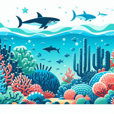 Underwater background with corals and sharks. Vector illustration in cartoon style.のイラスト素材