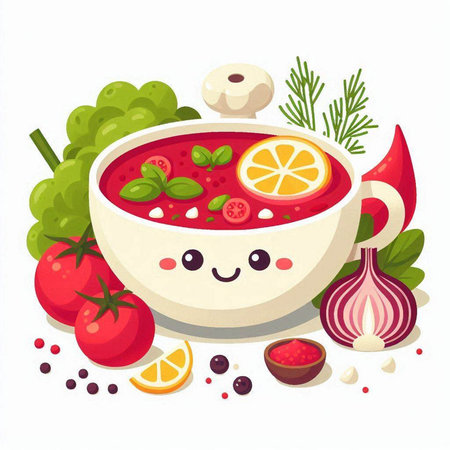 Tomato soup vector illustration. Cartoon tomato soup with ingredients for cooking.のイラスト素材