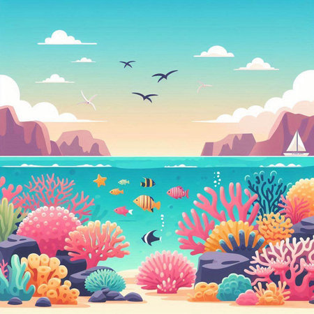 Sea landscape with corals and tropical fish, vector cartoon illustration.のイラスト素材