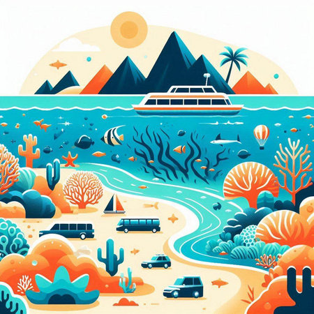 Seascape with cruise ship and tropical island. Vector illustration.のイラスト素材