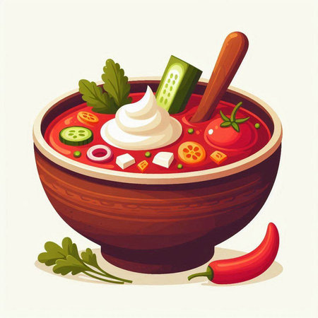 Bowl of soup with sour cream and vegetables. Vector illustration.のイラスト素材