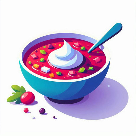 Vector illustration of a bowl of borscht with sour cream.のイラスト素材