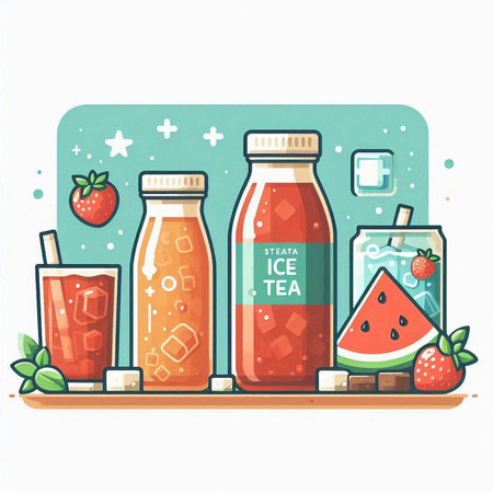 Bottles of fruit smoothies with watermelon and ice cubes. Vector illustrationのイラスト素材