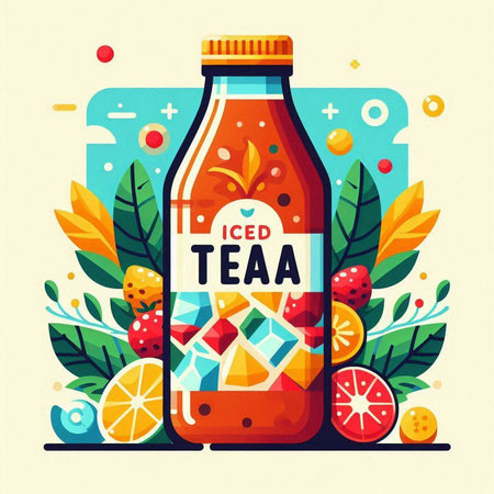 Vector illustration of a bottle of smoothie with ice cubes and fruits.のイラスト素材