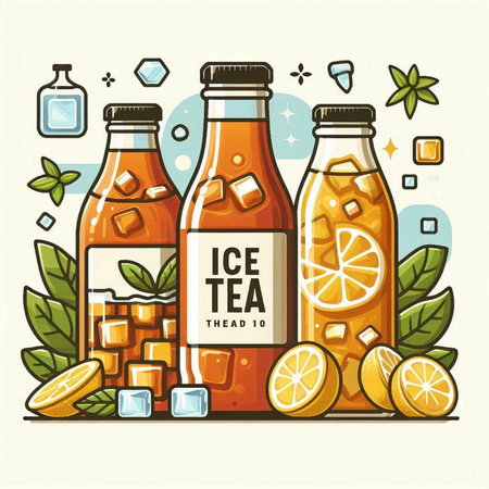 Bottles of ice tea with lemon and mint leaves. Vector illustrationのイラスト素材