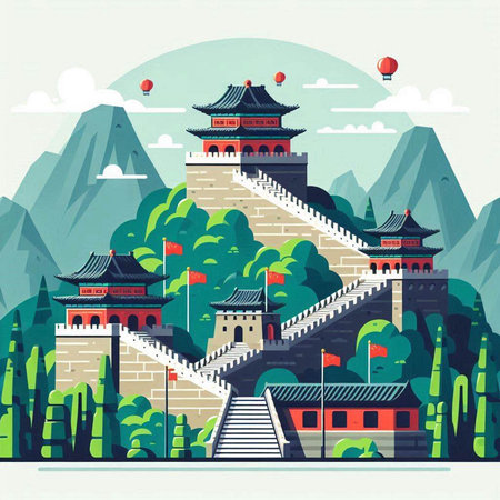 Vector illustration of the Great Wall of China in a flat style.のイラスト素材