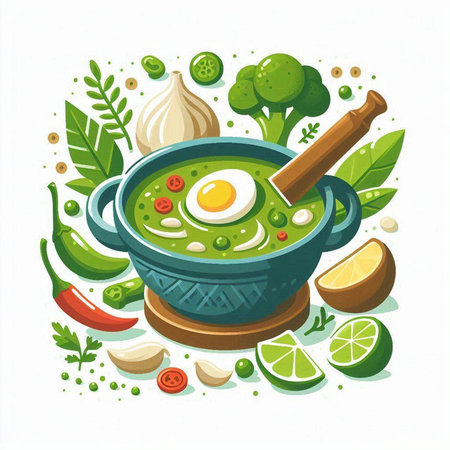 Green soup in a bowl with ingredients for cooking. Vector illustration.のイラスト素材