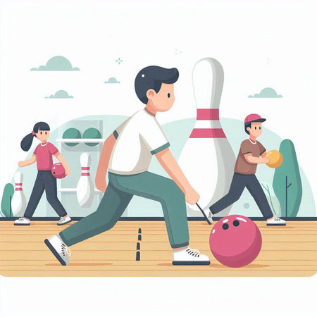 People playing bowling in the park. Vector illustration in cartoon style.のイラスト素材