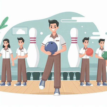 Young man playing bowling with friends. Vector illustration in cartoon style.のイラスト素材
