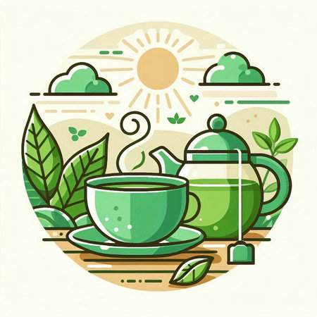 Green tea flat vector illustration. Teapot, cup and leaves.のイラスト素材