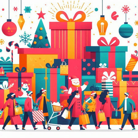 Merry Christmas and Happy New Year. People with shopping bags and gifts. Vector illustrationのイラスト素材