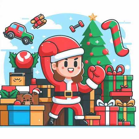 Little girl in Santa Claus costume with gifts and toys. Vector illustration.のイラスト素材