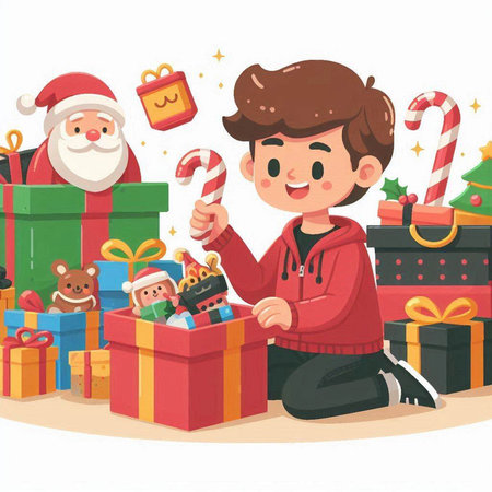Vector illustration of a boy with Santa Claus, gifts and candy caneのイラスト素材