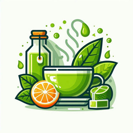 Green tea with lemon and mint. Vector illustration in flat style.のイラスト素材