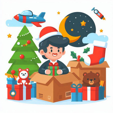 Vector illustration of a boy sitting in a cardboard box with gifts and a toy plane.のイラスト素材
