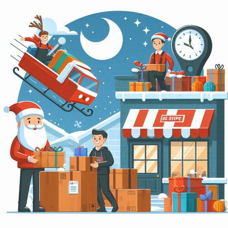 Santa Claus and people on the background of the store. Vector illustrationのイラスト素材