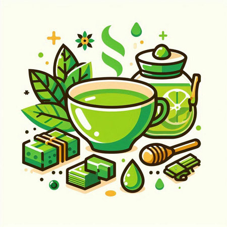Cup of green tea with honey and mint. Vector illustration.のイラスト素材