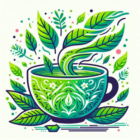 Cup of tea with green leaves and floral pattern. Vector illustration.のイラスト素材