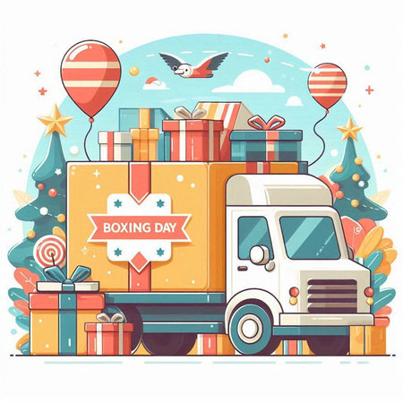 Colorful vector illustration of a truck with gifts and a Christmas tree on the background.のイラスト素材
