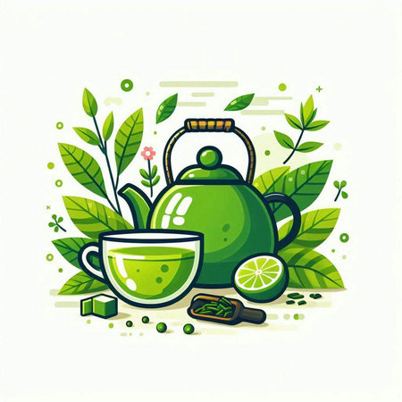 Green tea with green leaves and teapot. Vector illustration.のイラスト素材