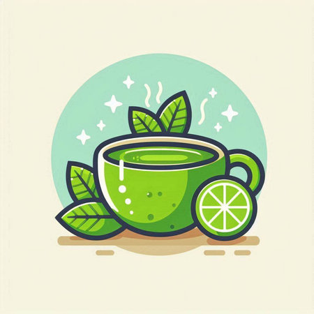 Green tea with lemon and mint. Vector illustration in flat style.のイラスト素材