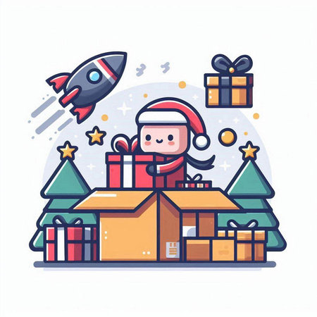 Santa Claus with gifts and rocket on white background. Vector illustration.のイラスト素材