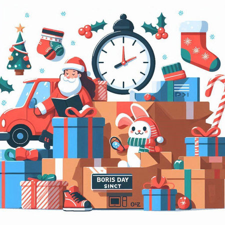 Christmas and New Year background with Santa Claus, gifts and clock. Vector illustrationのイラスト素材