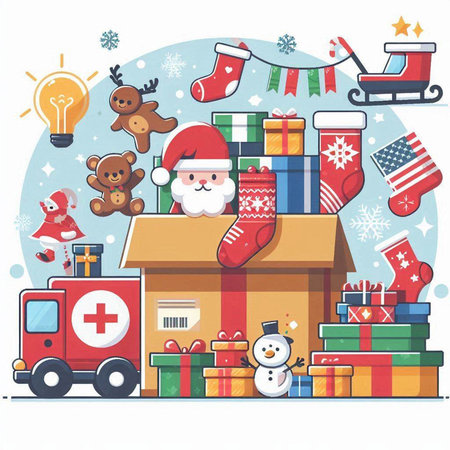 Vector illustration of Santa Claus with presents in a carton box.のイラスト素材