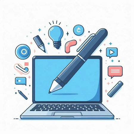 Laptop with pen and icons on white background. Vector illustration.のイラスト素材