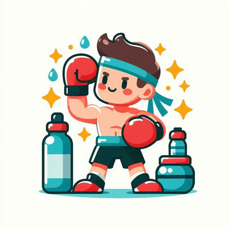 Cartoon boxer boy with boxing gloves and bottle of water. Vector illustrationのイラスト素材