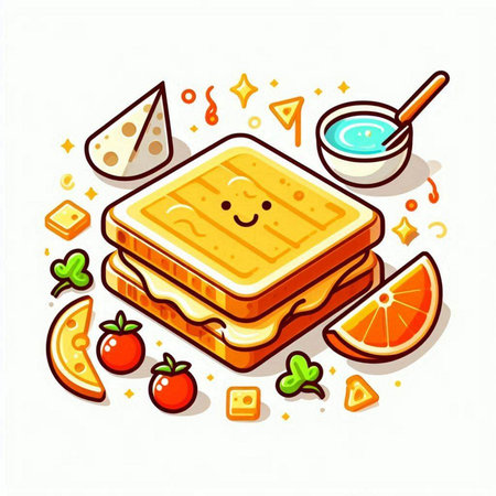 Vector illustration of a sandwich with cheese, tomatoes and honey on a white background.のイラスト素材