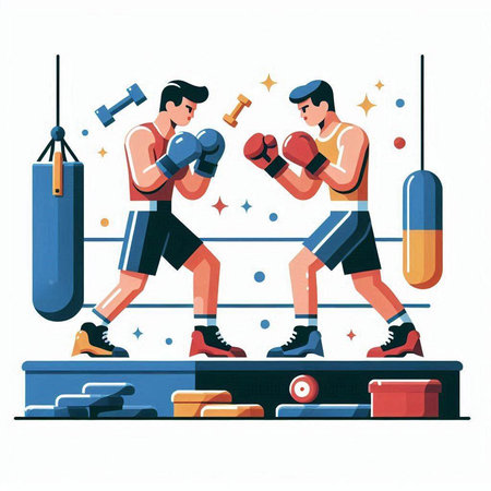 Boxing competition, two boxers in gloves fighting in ring. Flat vector illustration.のイラスト素材