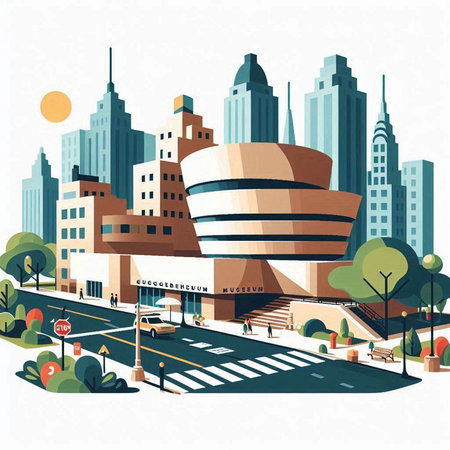Modern city with skyscrapers and roads. Vector illustration in flat style.のイラスト素材