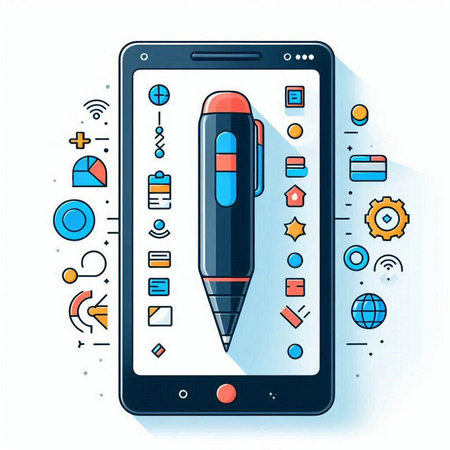 Smartphone with pen and business icons. Modern thin line style vector illustration.のイラスト素材