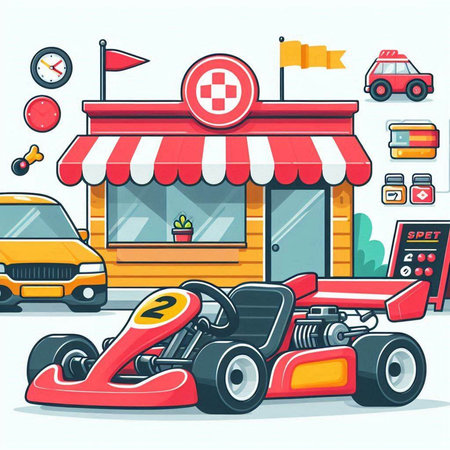 Cartoon fast food shop with kart race car. Vector illustrationのイラスト素材