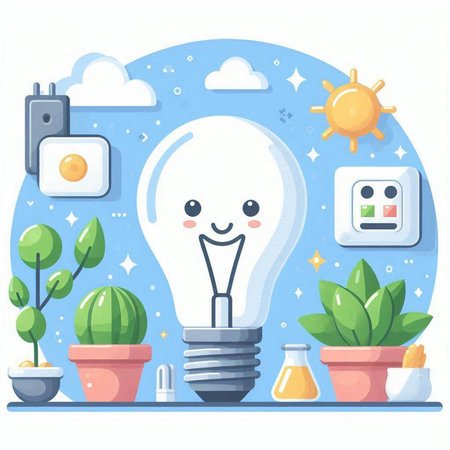 Vector illustration of a cute lightbulb character with different energy sourcesのイラスト素材