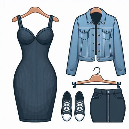 Women's clothing set. Dress, jacket, skirt and shoes.のイラスト素材