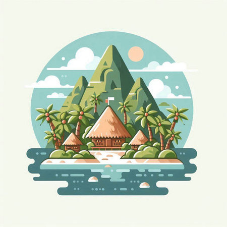 Tropical island with palm trees. Vector illustration in flat styleのイラスト素材