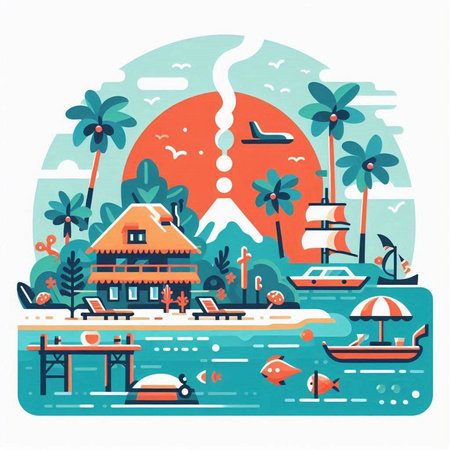 Tropical island with palm trees, sun and sea. Vector illustration.のイラスト素材
