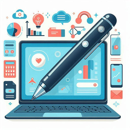 Vector illustration of laptop with pen and social media icons on white backgroundのイラスト素材